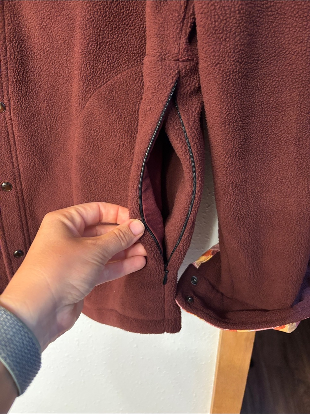 Rust Brown/red Fleece Shacket with Patterned Pocket Accents - Picture 5 of 7